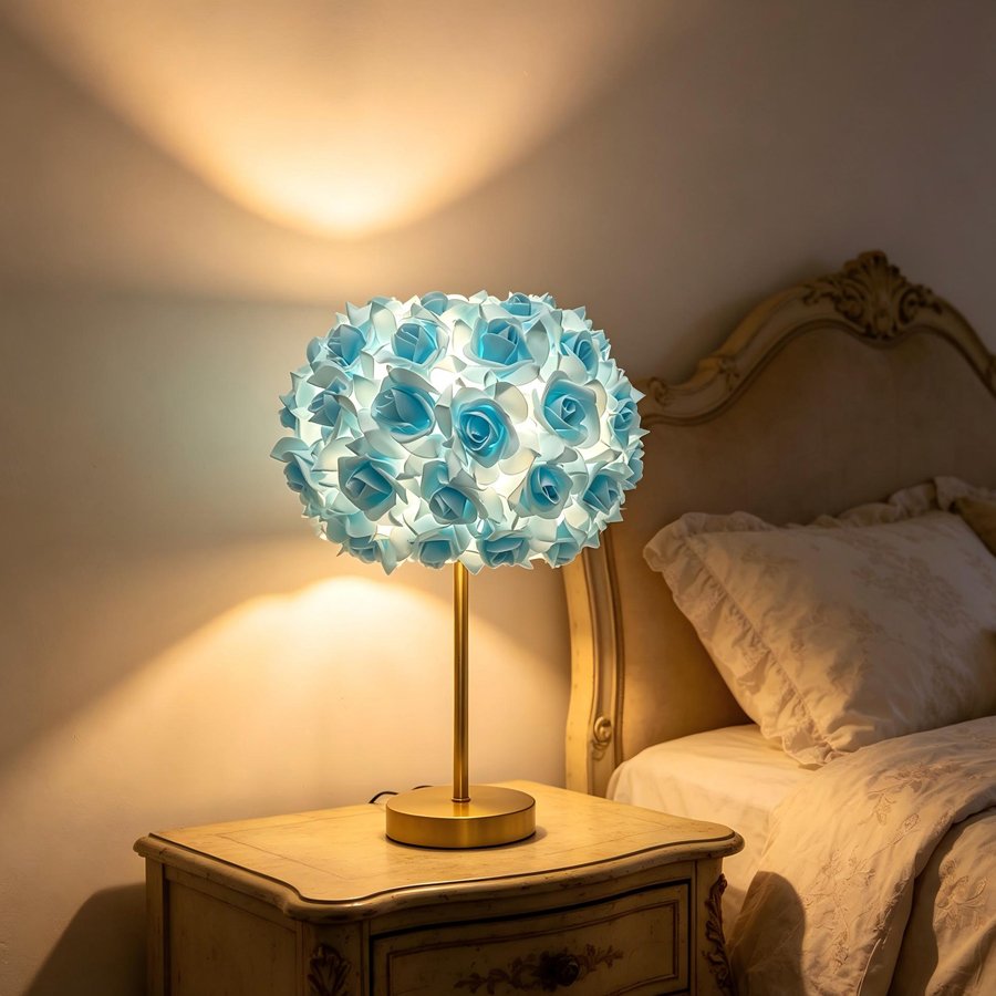 Aesthetic Rose Flower Ball Table Lamp, Romantic Floral Sphere Bedside Lamp with Gold Stand for Bedroom & Wedding Decoration