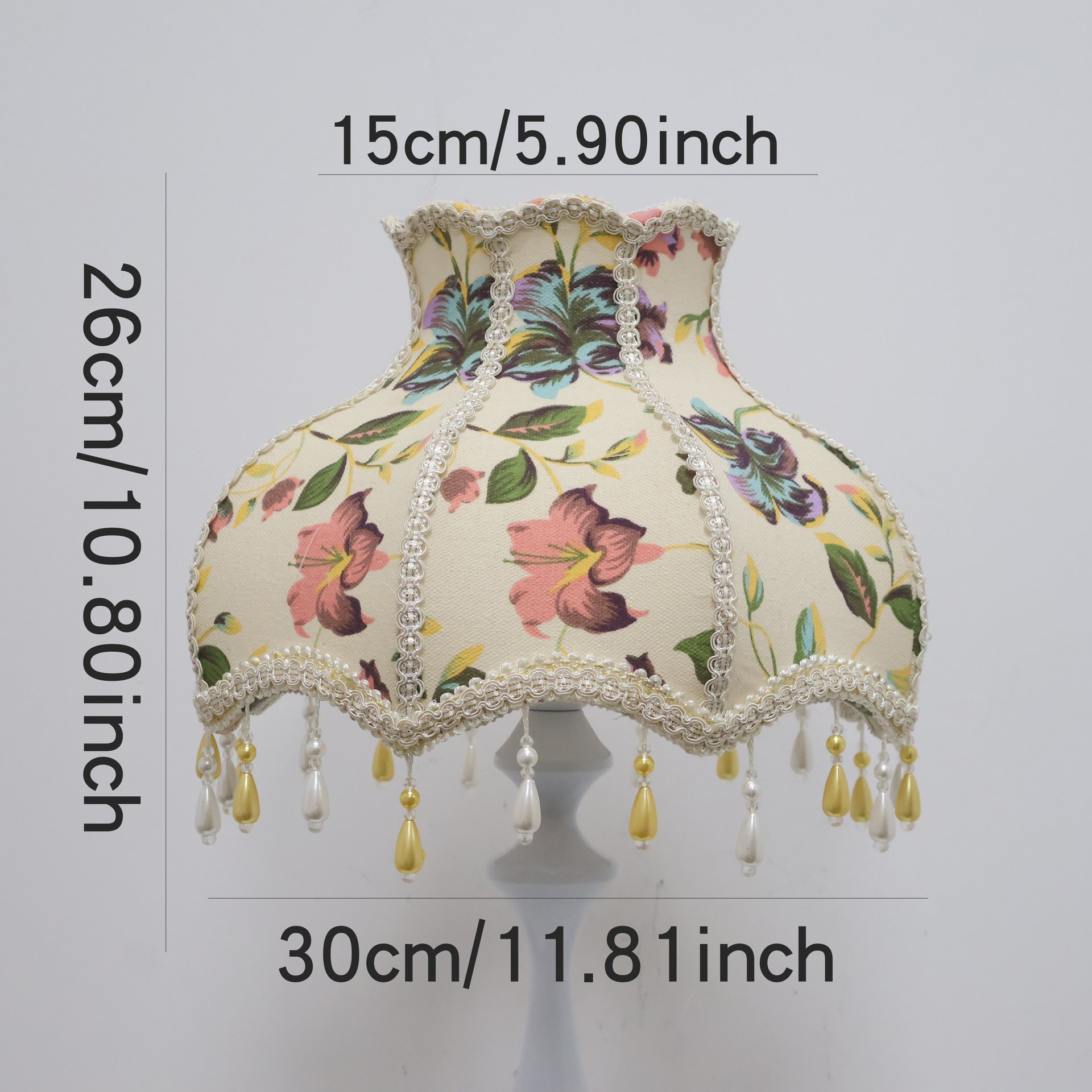 Vintage Floral Fabric Table Lamp with Bead Tassels, French Country Style Bedside Desk Lamp for Bedroom Living Room Home Decor