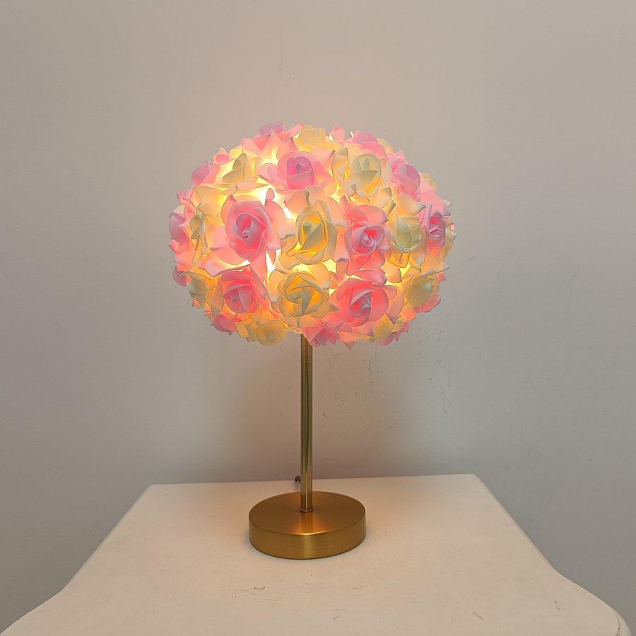 Aesthetic Rose Flower Ball Table Lamp, Romantic Floral Sphere Bedside Lamp with Gold Stand for Bedroom & Wedding Decoration