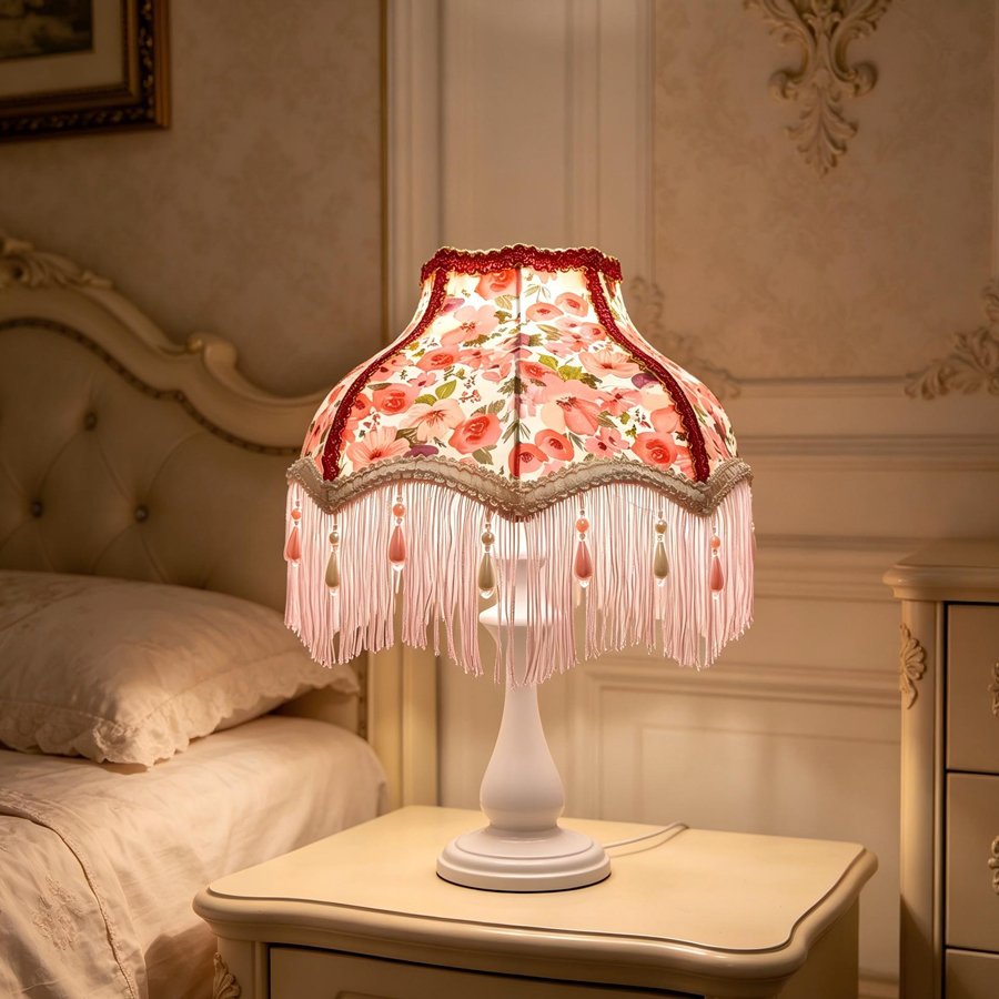 Flower‑Princess Pearl Tassel Lampshade, Girlish‑Style Wedding Room Fabric Table Lamp Shade, Decorative Replacement Shell for Atmosphere‑Creating Bedroom Table Lamp