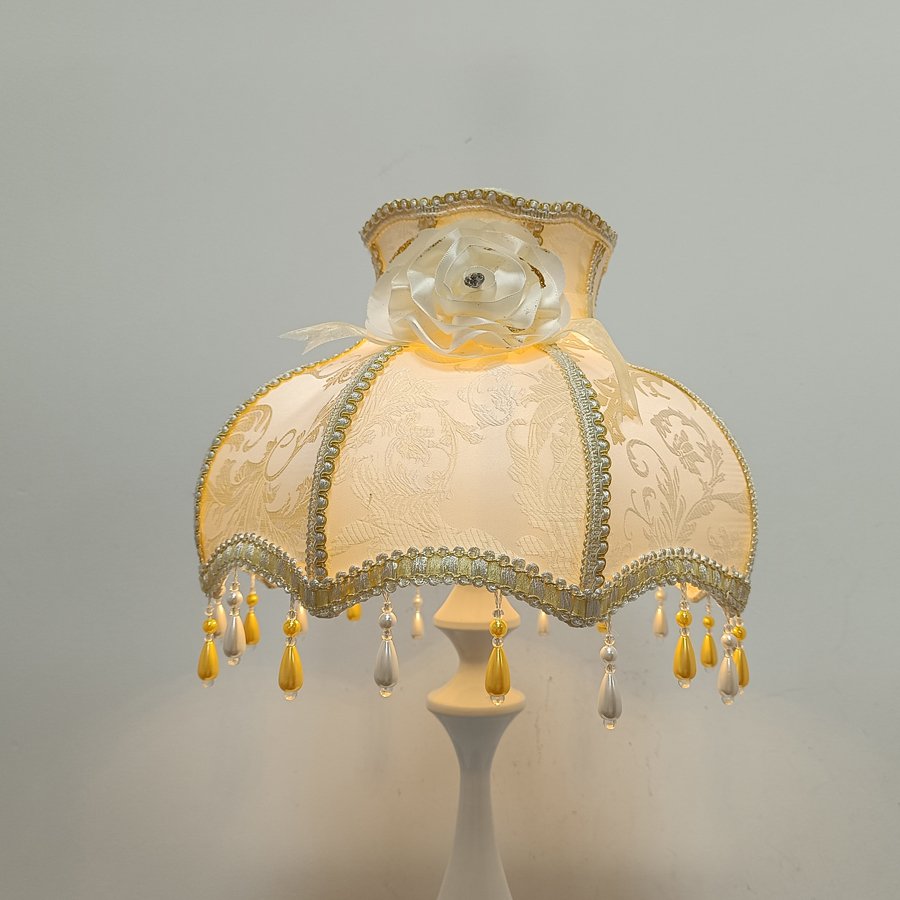 European Vintage Jacquard Fabric Lampshade, Beige‑Gold Rose Decor Bead Tassel Lamp Shade for Table Lamp Floor Lamp Home Decor