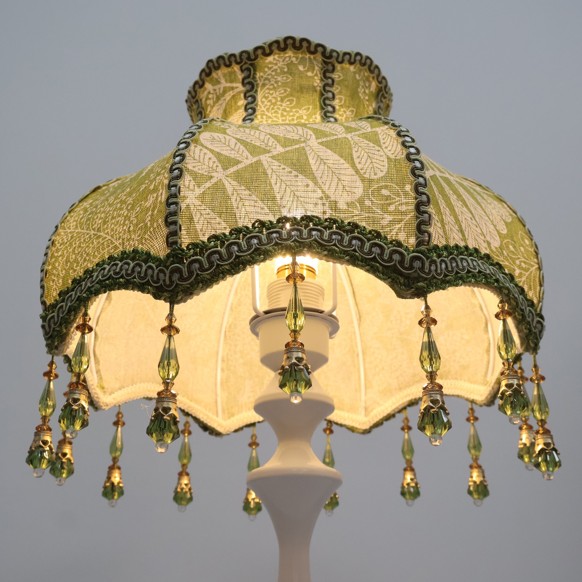Vintage Green Botanical Embroidery Fabric Replacement Lamp Shade with Green Crystal Bead Tassels, French Country Decor Table Lamp Lampshade