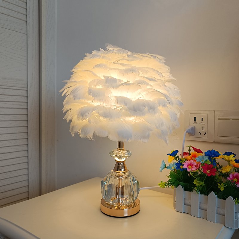 Romantic Feather Desk Lamp for Bedroom, Luxury Crystal & Gold Base Night Light, Aesthetic Cute Room Decor