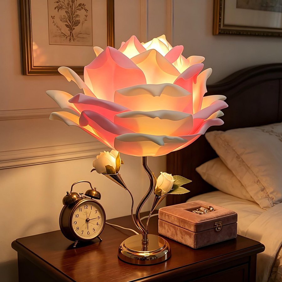 Large‑sized white rose flower table lamp, romantic floral decorative lamp, bedroom ambient bedside lamp