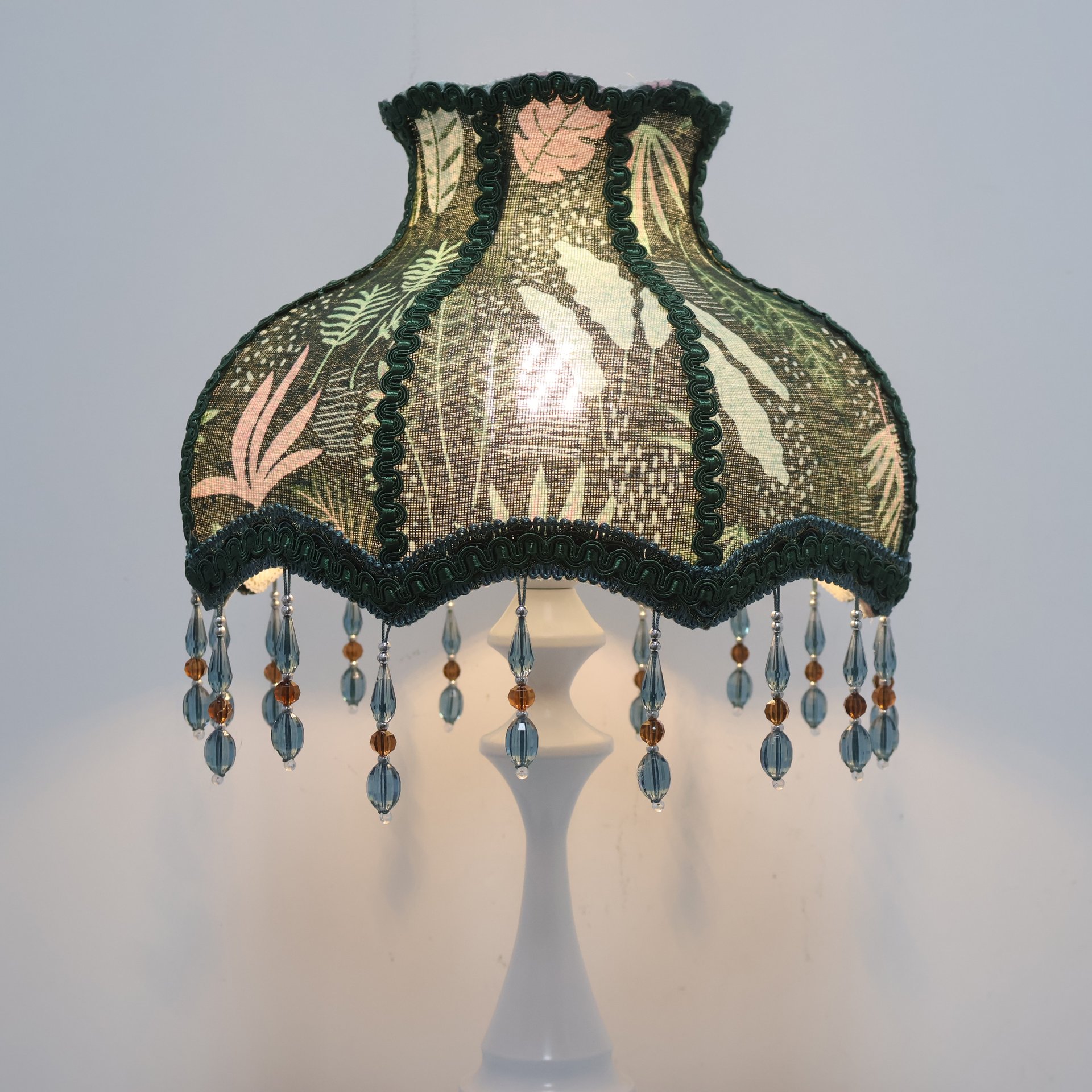 Dark Green Vintage Botanical Pattern Fabric Replacement Lampshade with Crystal Bead Tassels, French Country Style Table Lampshade