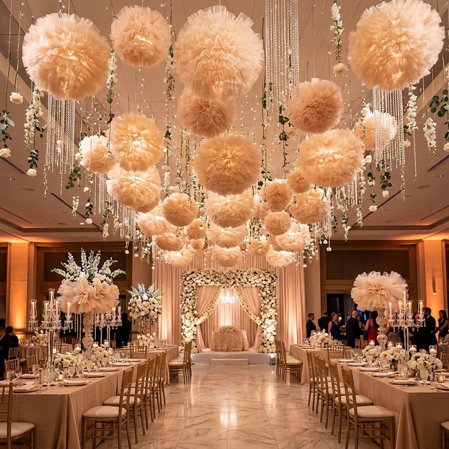 Cream‑style gauze pleated spherical lampshade, soft fluffy gauze lampshade, spherical lampshade shell for wedding‑atmosphere lighting fixtures