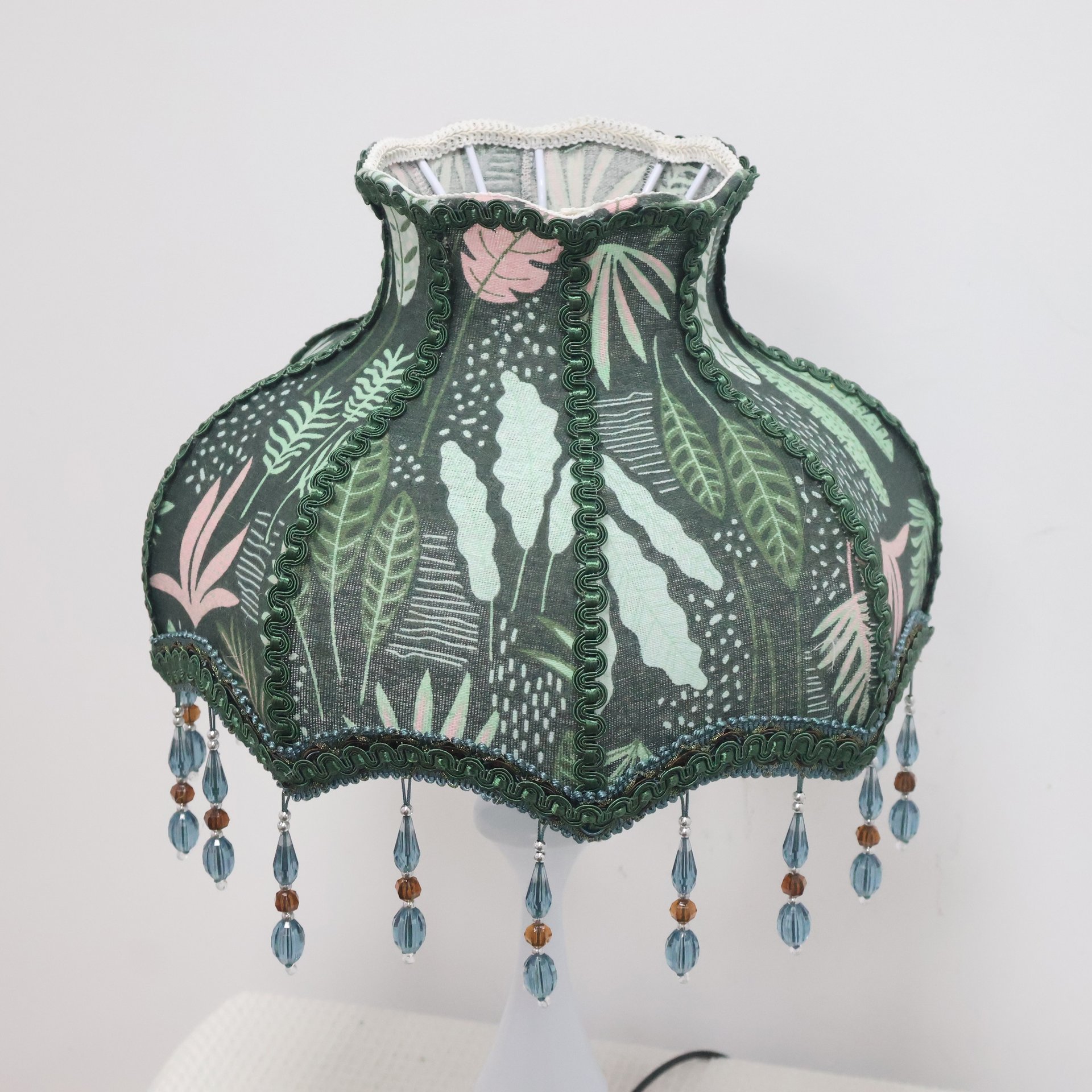Dark Green Vintage Botanical Pattern Fabric Replacement Lampshade with Crystal Bead Tassels, French Country Style Table Lampshade