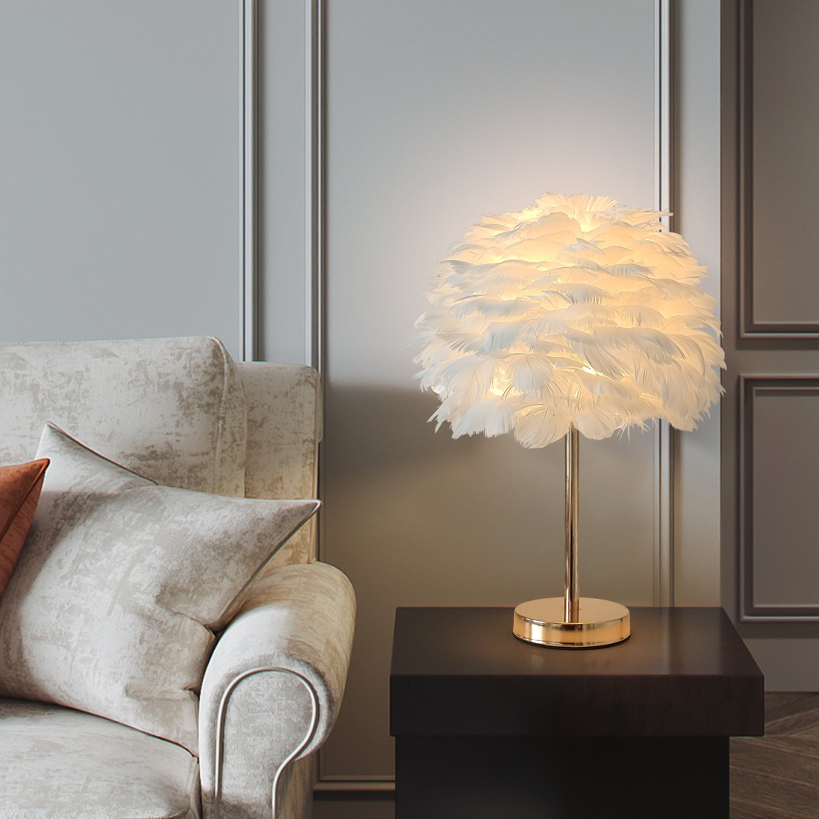 Fluffy Feather Table Lamp, Aesthetic Bedside Night Light with Gold Base & Plume Shade, Coquette Room Decor