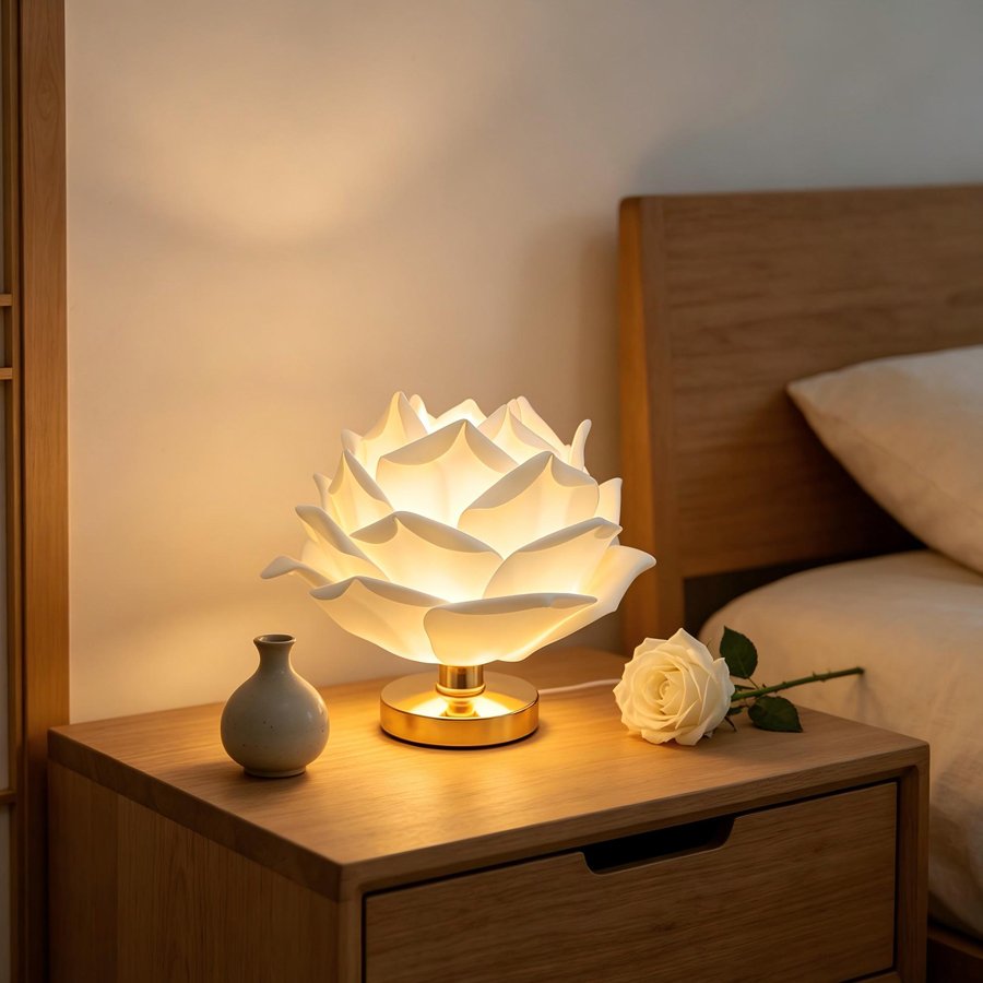 White 3D Lotus Table Lamp with Large Rose Metal Glossy Base - Zen-Inspired Floral Decor for Homestay Bedrooms, Ideal Gift