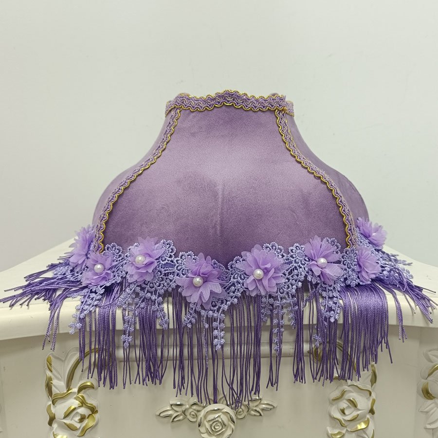 Purple Velvet Fabric Lampshade Flower Pearl Lace Purple Tassel Lamp Shade For Table Lamp Bedroom Vintage Home Decor