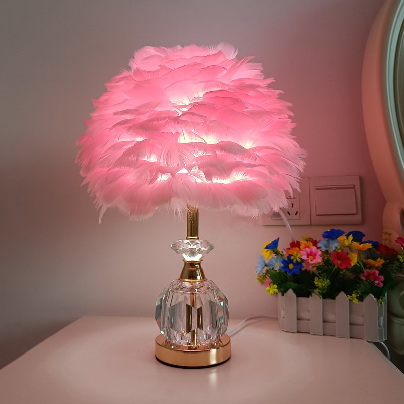 Romantic Feather Desk Lamp for Bedroom, Luxury Crystal & Gold Base Night Light, Aesthetic Cute Room Decor