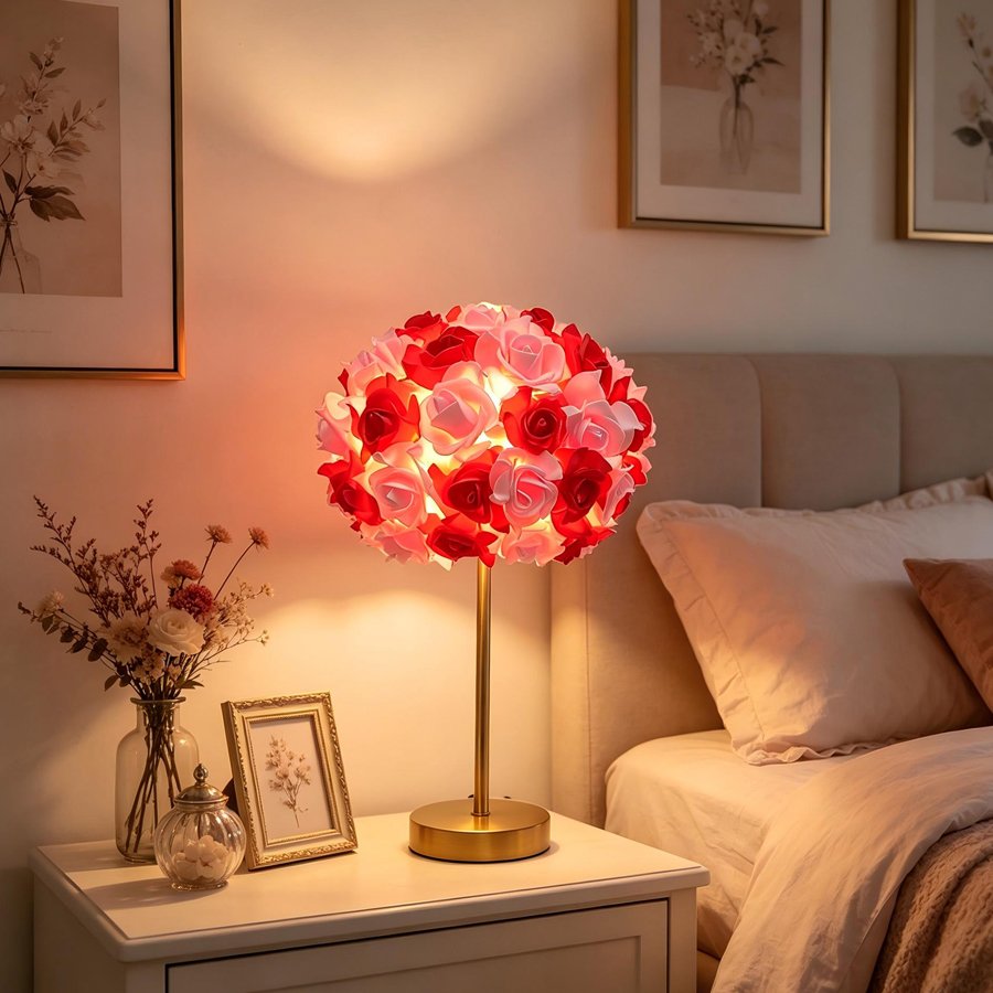 Aesthetic Rose Flower Ball Table Lamp, Romantic Floral Sphere Bedside Lamp with Gold Stand for Bedroom & Wedding Decoration