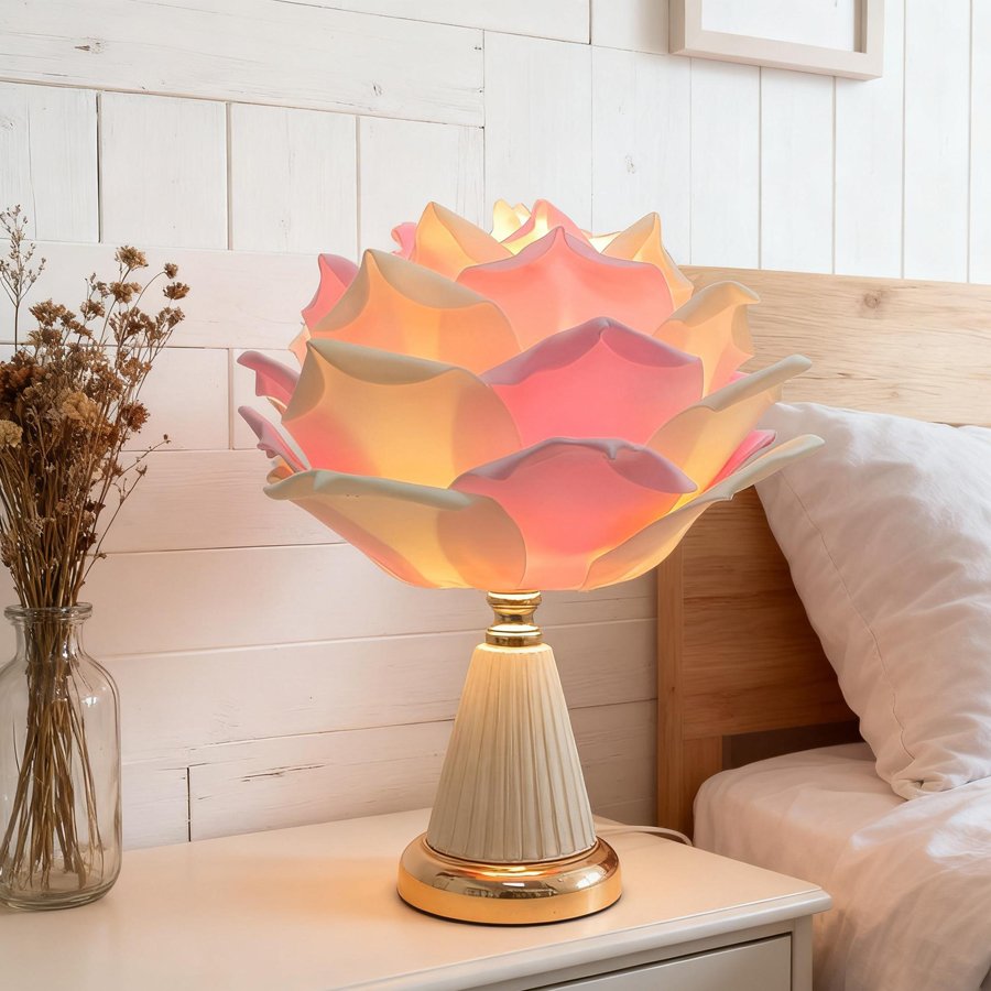 Pink‑white gradient large rose flower table lamp, ceramic‑texture base bedroom bedside lamp, romantic wedding‑room atmosphere decorative table lamp