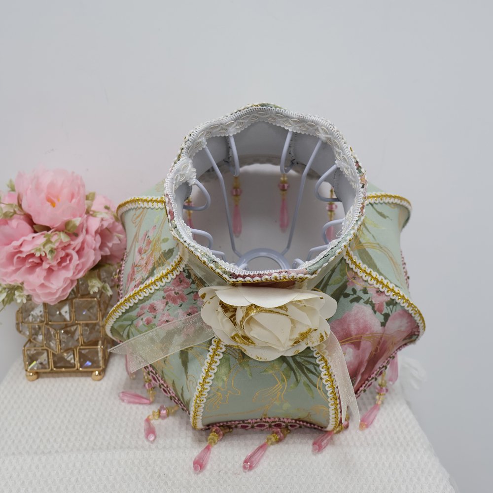 Vintage French Floral Lampshade, Luxury Jacquard Fabric Table Lamp Shade with Crystal Beaded Tassels & Rose Accent, Victorian Room Decor (Lampshade Only)