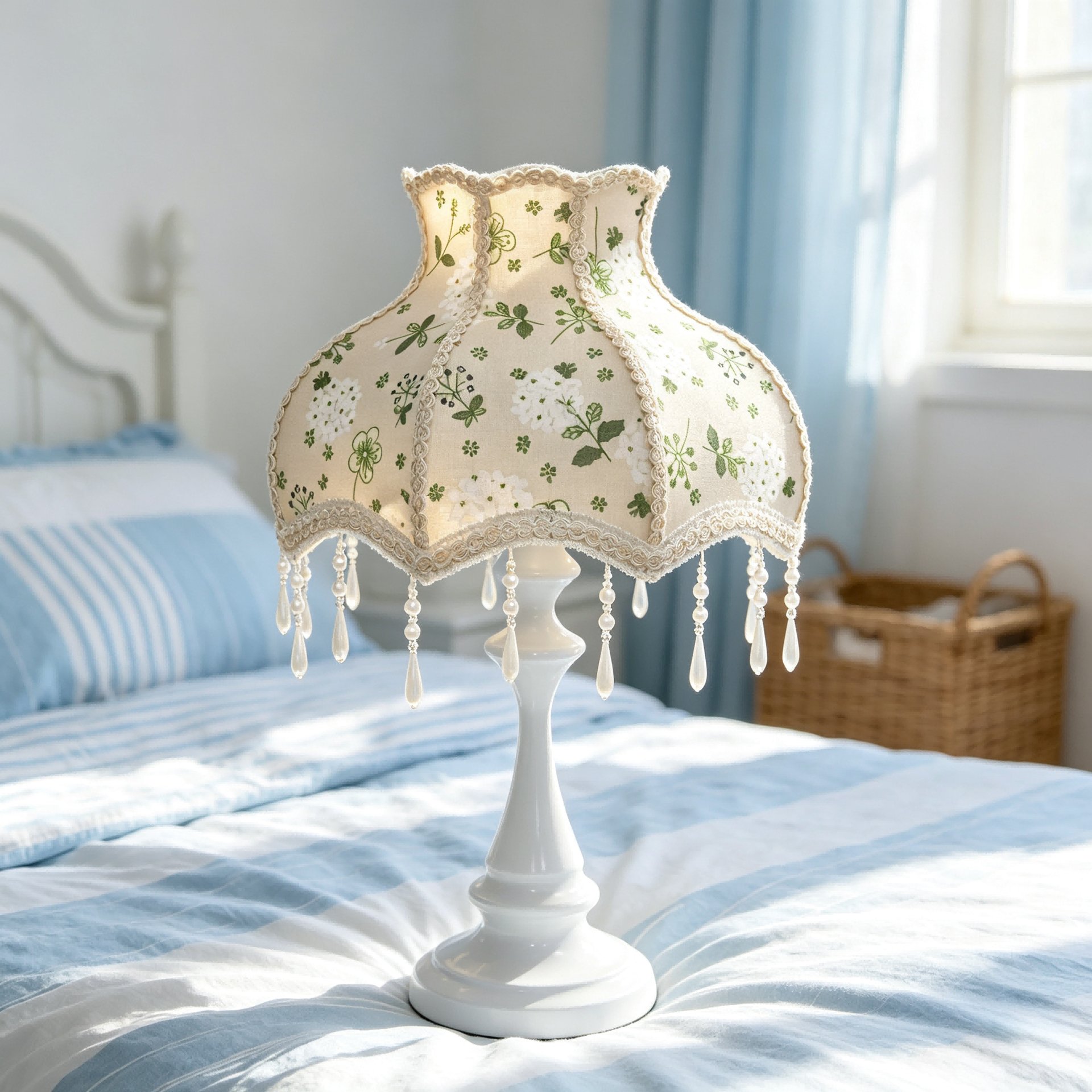 Vintage Floral Fabric Table Lamp Shade, Beige Base Green White Flower Print Lace Trim Crystal Bead Tassel Replacement Lampshade for Table Lamp, Cottage Decor Lamp Cover