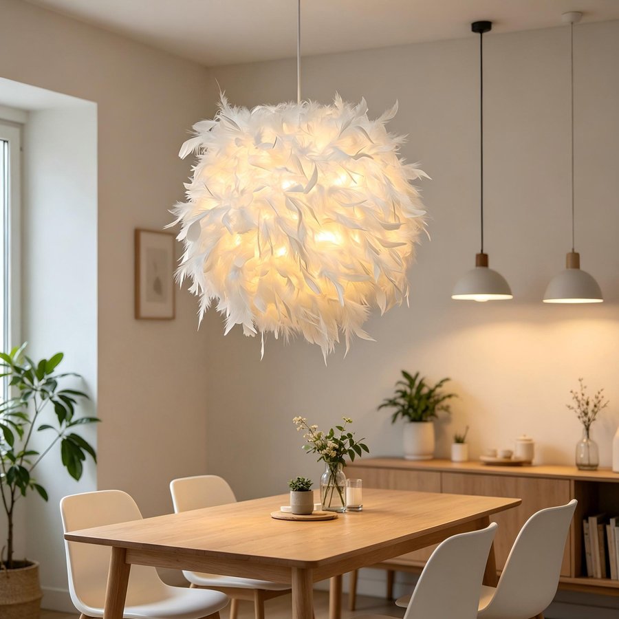 White badminton‑shaped lampshade, fluffy feather spherical chandelier shade, popular decorative lamp accessory for bedroom and dining room