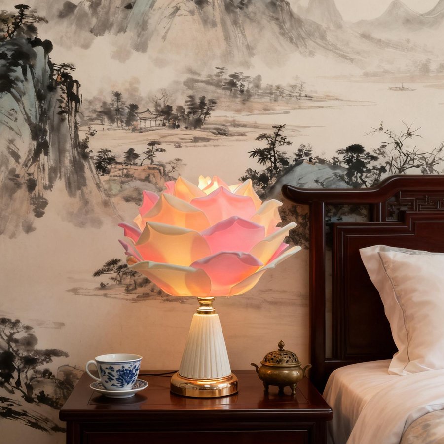 Pink‑white gradient large rose flower table lamp, ceramic‑texture base bedroom bedside lamp, romantic wedding‑room atmosphere decorative table lamp
