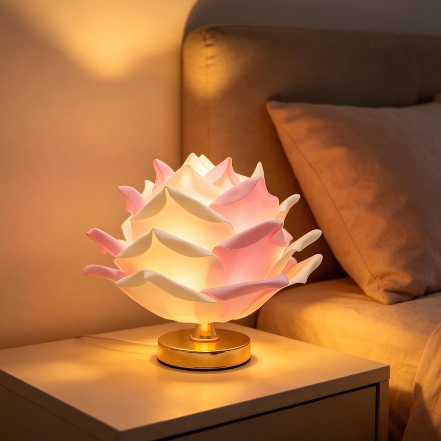 White 3D Lotus Table Lamp with Large Rose Metal Glossy Base - Zen-Inspired Floral Decor for Homestay Bedrooms, Ideal Gift