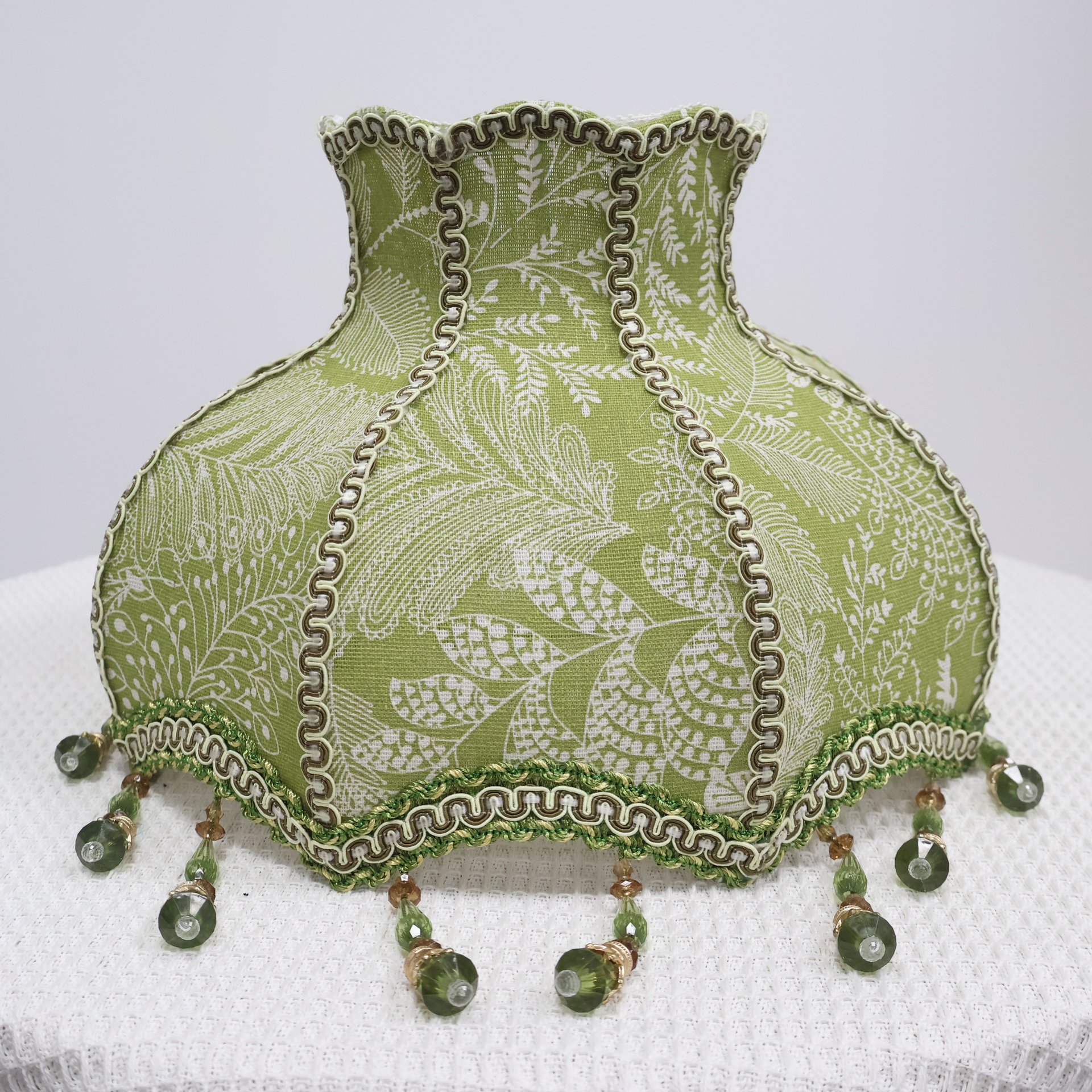 Vintage Green Botanical Embroidery Fabric Replacement Lamp Shade with Green Crystal Bead Tassels, French Country Decor Table Lamp Lampshade