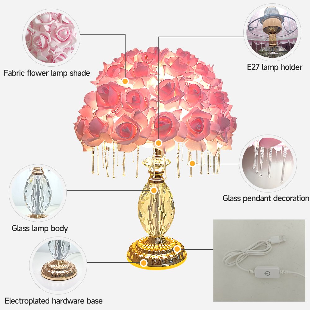 Pink Rose Ball Crystal Table Lamp, Crystal Tassel Vintage Desktop Lamp, Atmosphere Lamp for Wedding Gifts