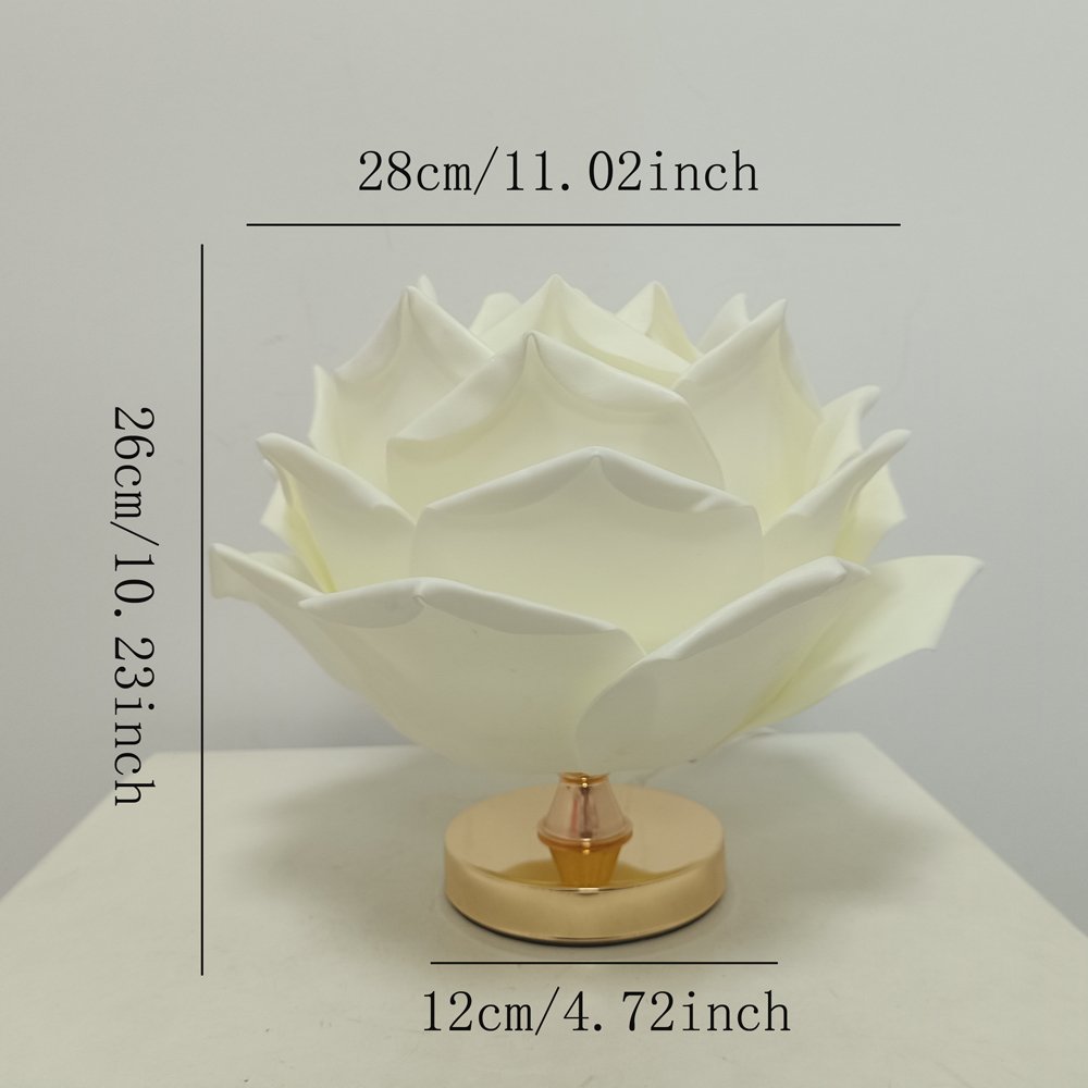 White 3D Lotus Table Lamp with Large Rose Metal Glossy Base - Zen-Inspired Floral Decor for Homestay Bedrooms, Ideal Gift