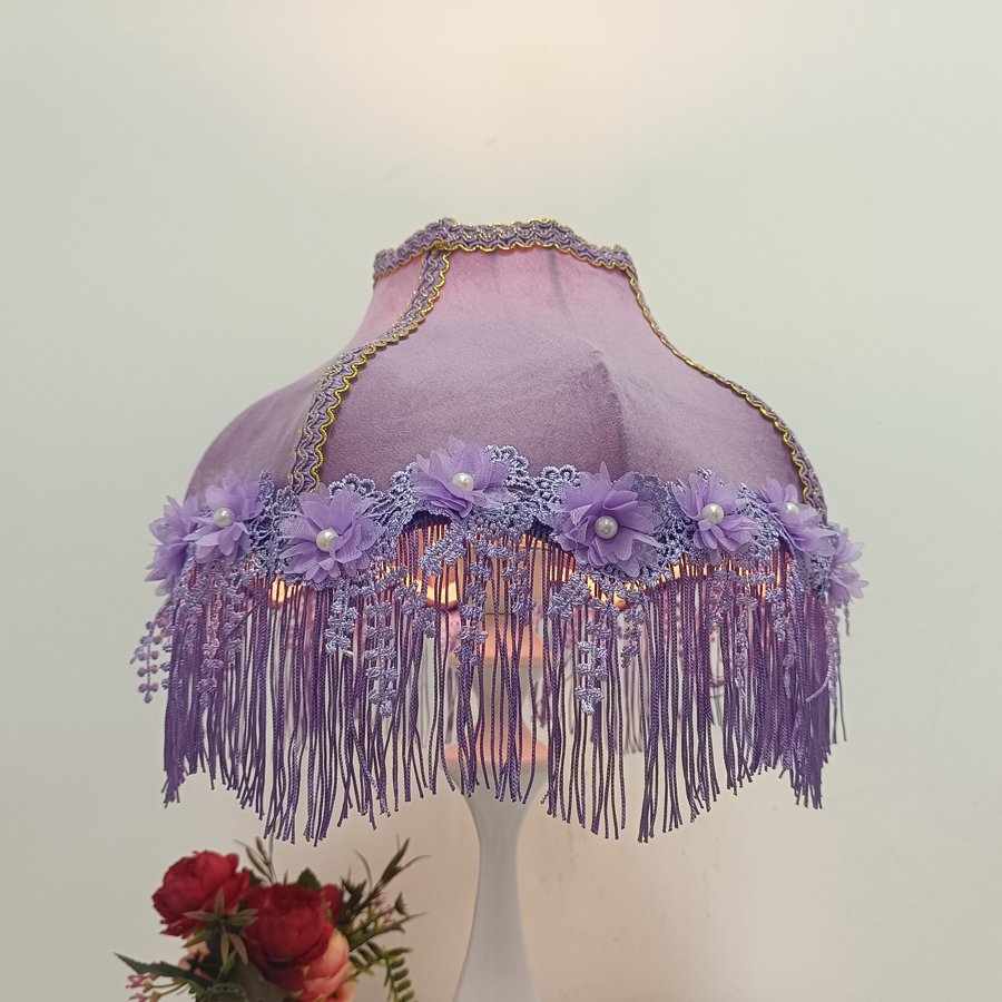 Purple Velvet Fabric Lampshade Flower Pearl Lace Purple Tassel Lamp Shade For Table Lamp Bedroom Vintage Home Decor