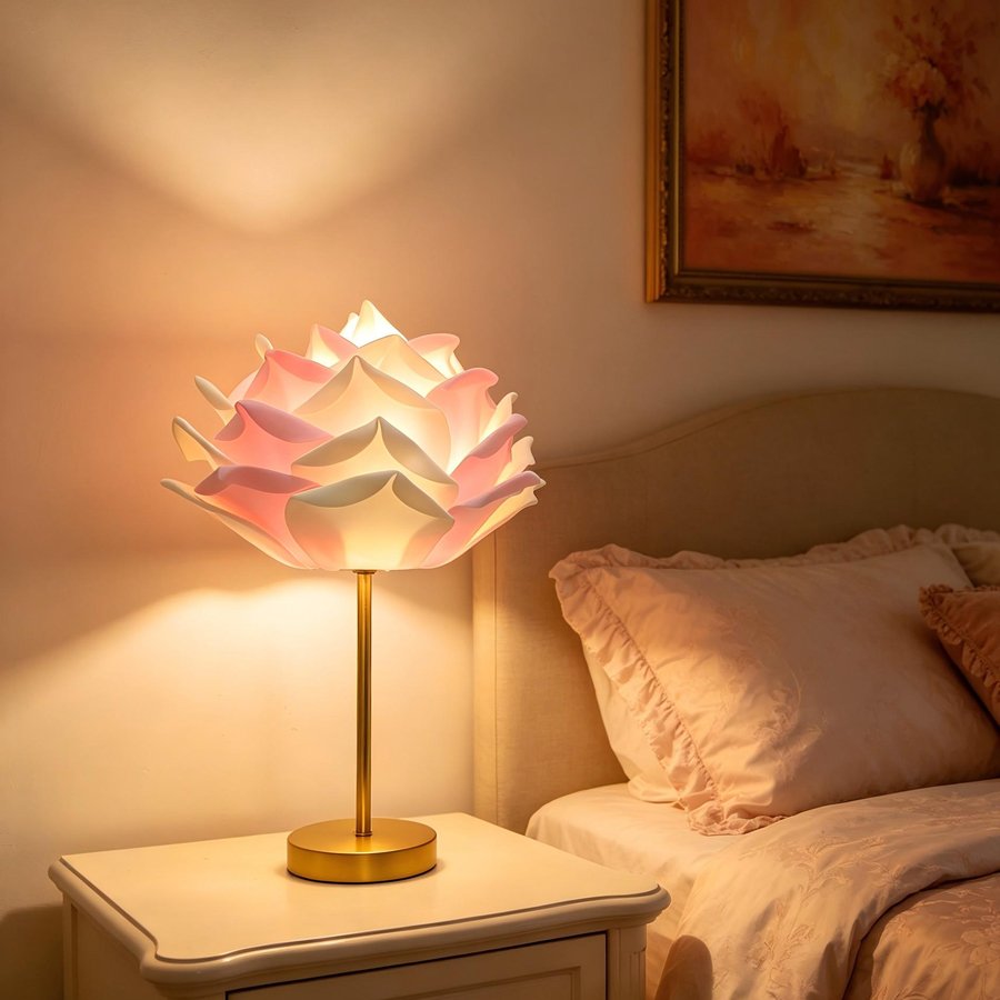 Desktop Table Lamp with Simulated Large Rose‑Petal Shape, Romantic Small Table Lamp for Bridal Chamber and Homestay Decoration