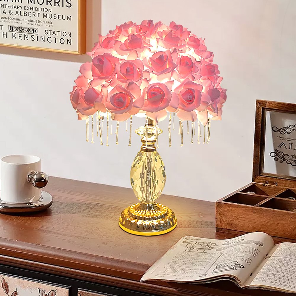 Pink Rose Ball Crystal Table Lamp, Crystal Tassel Vintage Desktop Lamp, Atmosphere Lamp for Wedding Gifts
