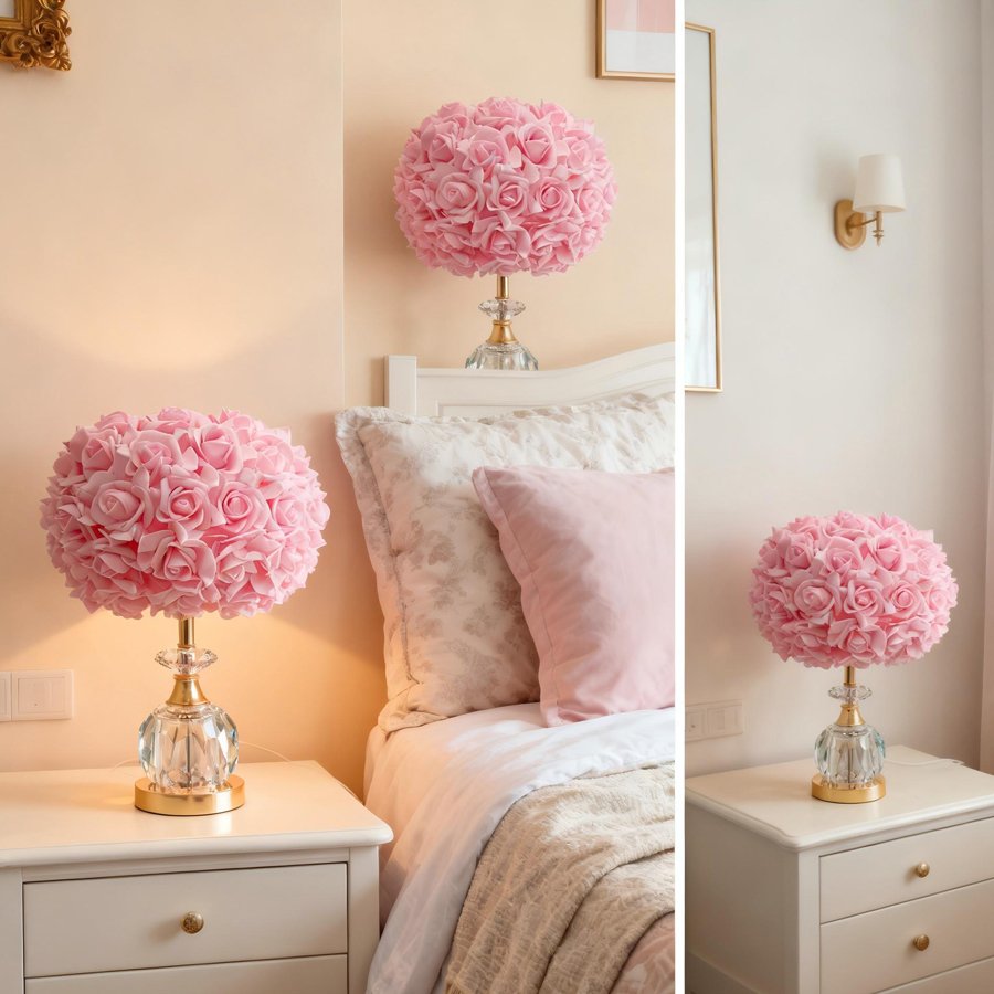 Pink Rose Ball Table Lamp, Light‑Luxury Crystal Base Bedside Lamp, Atmospheric Decorative Table Lamp for Girls' Bridal Rooms, Gift‑Giving Option