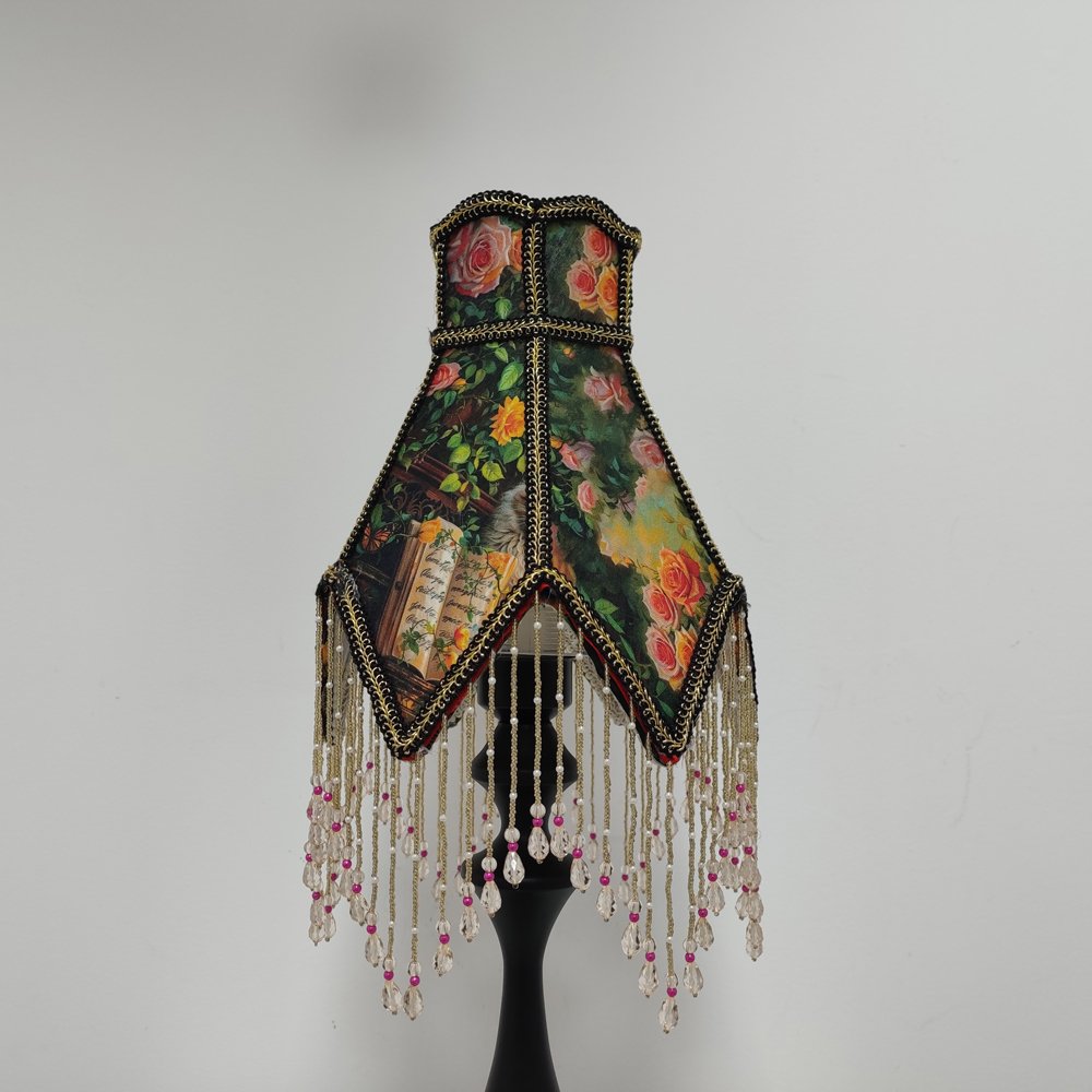Gothic Romantic Floral Lampshade for Desk Lamp, Retro Oil Painting Style Light Shade with Fringe, Antique Home Decor