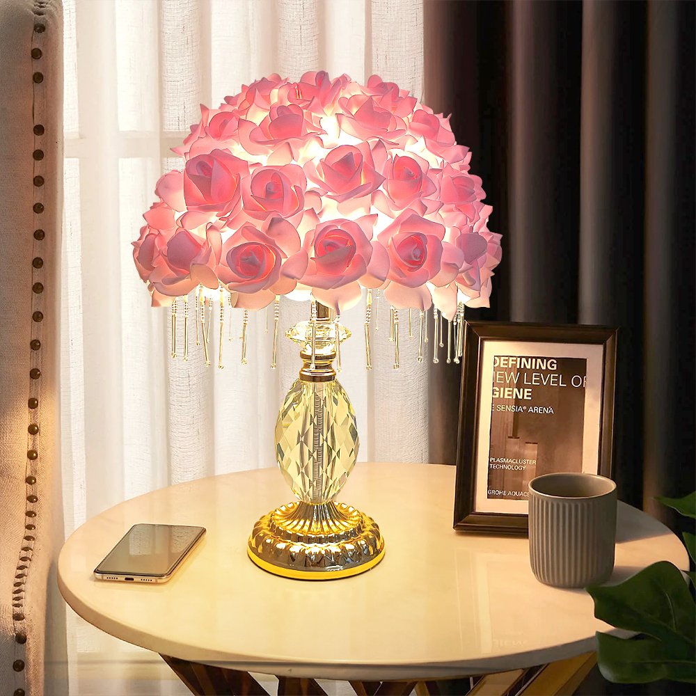 Pink Rose Ball Crystal Table Lamp, Crystal Tassel Vintage Desktop Lamp, Atmosphere Lamp for Wedding Gifts