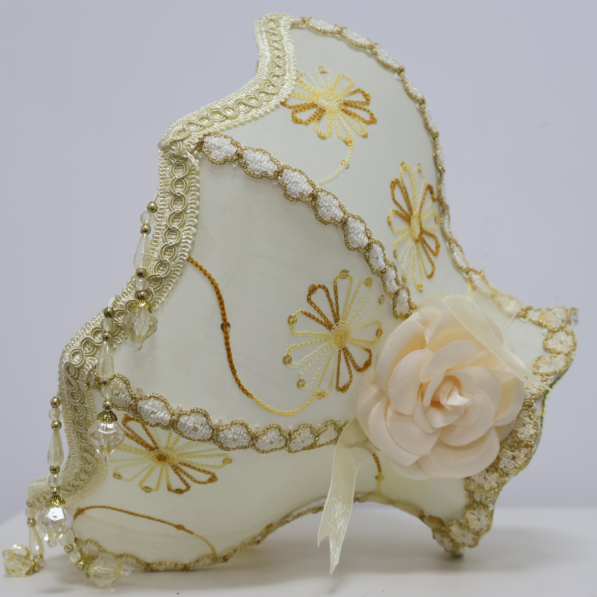 Vintage Embroidered Fabric Shade, featuring Swarovski Crystal and Mountain Tea Flower Pattern.