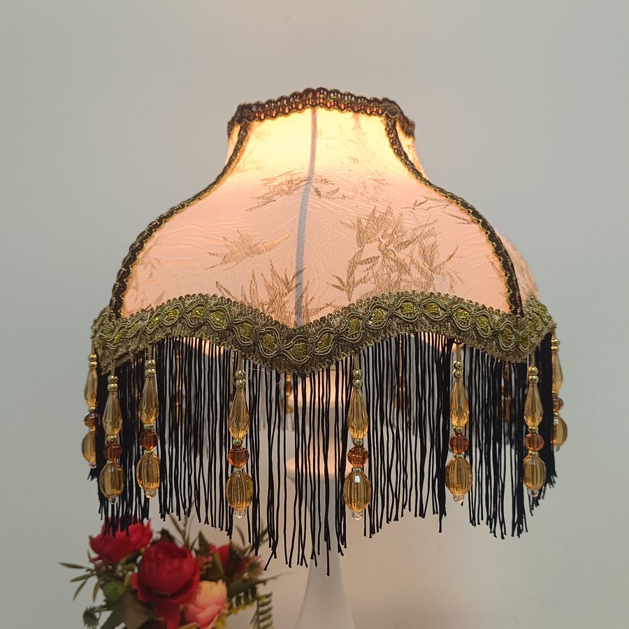 Vintage Octagonal Fabric Lampshade Pink Bamboo Jacquard Black Tassel Beaded Lamp Shade For Table Lamp Bedside Decor