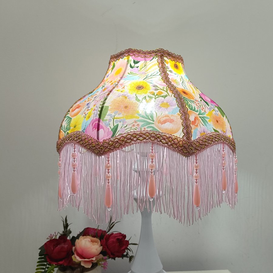 Colorful Garden Floral Print Fabric Lampshade, Pink Tassel Bead Pendant Replacement Lamp Shade for Table Floor Lamp Home Decor