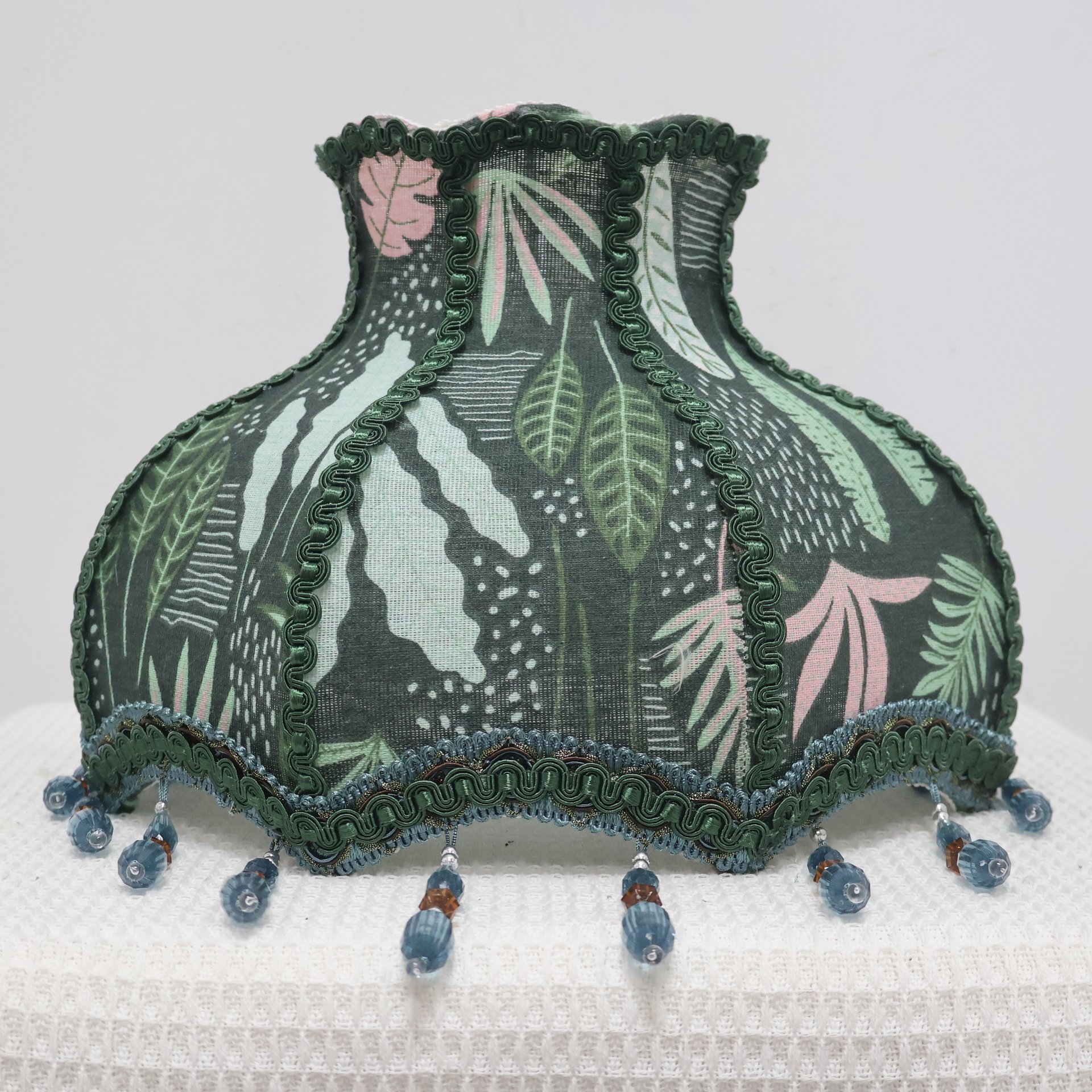 Dark Green Vintage Botanical Pattern Fabric Replacement Lampshade with Crystal Bead Tassels, French Country Style Table Lampshade