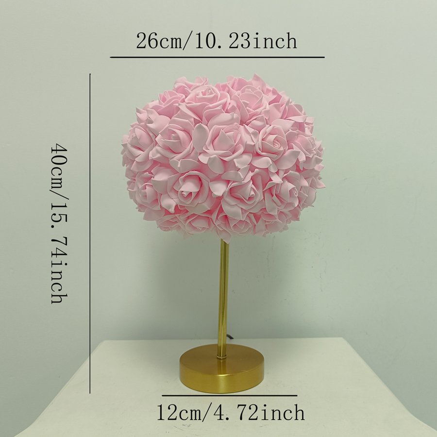 Aesthetic Rose Flower Ball Table Lamp, Romantic Floral Sphere Bedside Lamp with Gold Stand for Bedroom & Wedding Decoration