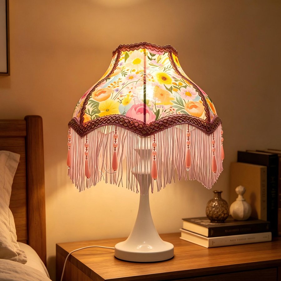 Colorful Garden Floral Print Fabric Lampshade, Pink Tassel Bead Pendant Replacement Lamp Shade for Table Floor Lamp Home Decor
