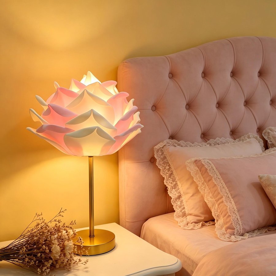 Desktop Table Lamp with Simulated Large Rose‑Petal Shape, Romantic Small Table Lamp for Bridal Chamber and Homestay Decoration