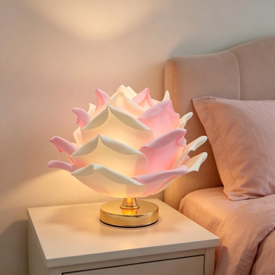 White 3D Lotus Table Lamp with Large Rose Metal Glossy Base - Zen-Inspired Floral Decor for Homestay Bedrooms, Ideal Gift