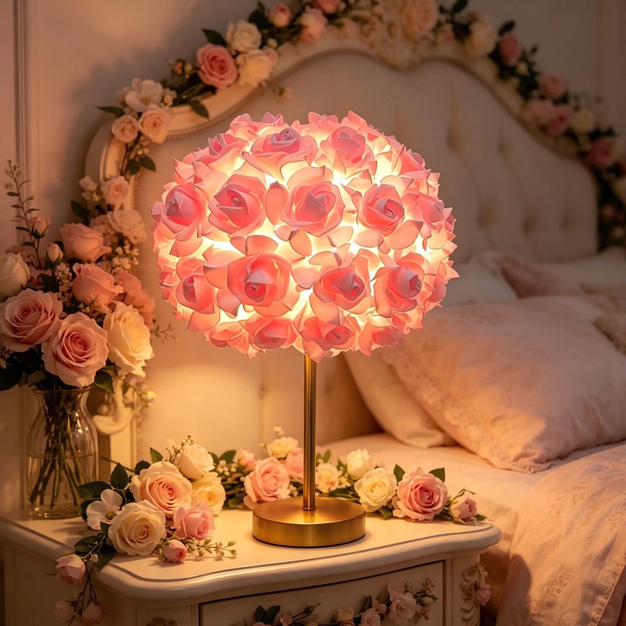 Aesthetic Rose Flower Ball Table Lamp, Romantic Floral Sphere Bedside Lamp with Gold Stand for Bedroom & Wedding Decoration