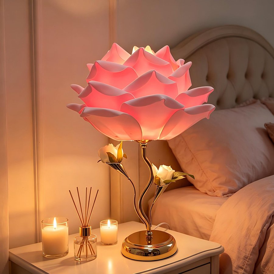 Large‑sized white rose flower table lamp, romantic floral decorative lamp, bedroom ambient bedside lamp