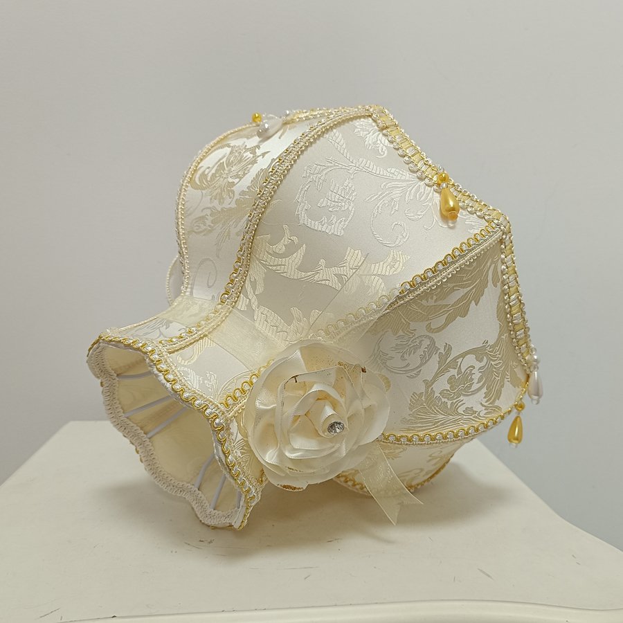 European Vintage Jacquard Fabric Lampshade, Beige‑Gold Rose Decor Bead Tassel Lamp Shade for Table Lamp Floor Lamp Home Decor