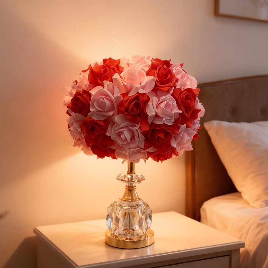 Pink Rose Ball Table Lamp, Light‑Luxury Crystal Base Bedside Lamp, Atmospheric Decorative Table Lamp for Girls' Bridal Rooms, Gift‑Giving Option
