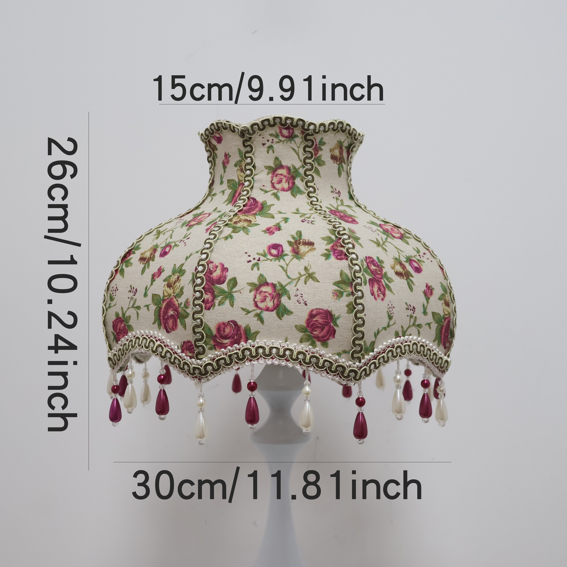 Vintage Floral Rose Linen Lampshade With Bead Tassel, French Country Cottagecore Replacement Lamp Shade For Bedside Table Lamp