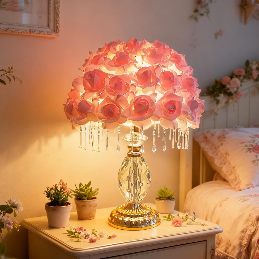 Pink Rose Ball Crystal Table Lamp, Crystal Tassel Vintage Desktop Lamp, Atmosphere Lamp for Wedding Gifts