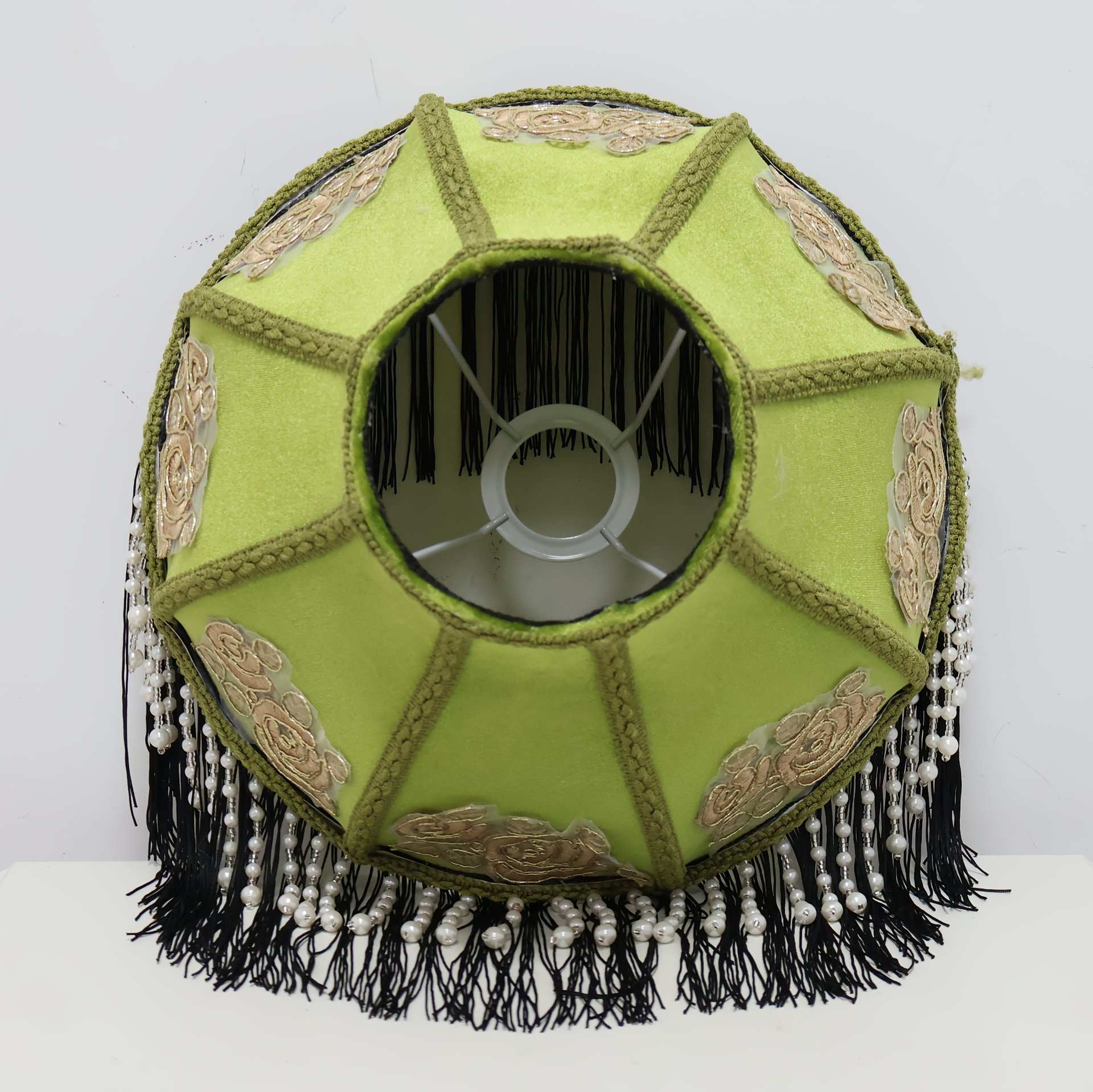 Vintage Green Velvet Lampshade With Rose Embroidery Pearl Beads and Black Tassels