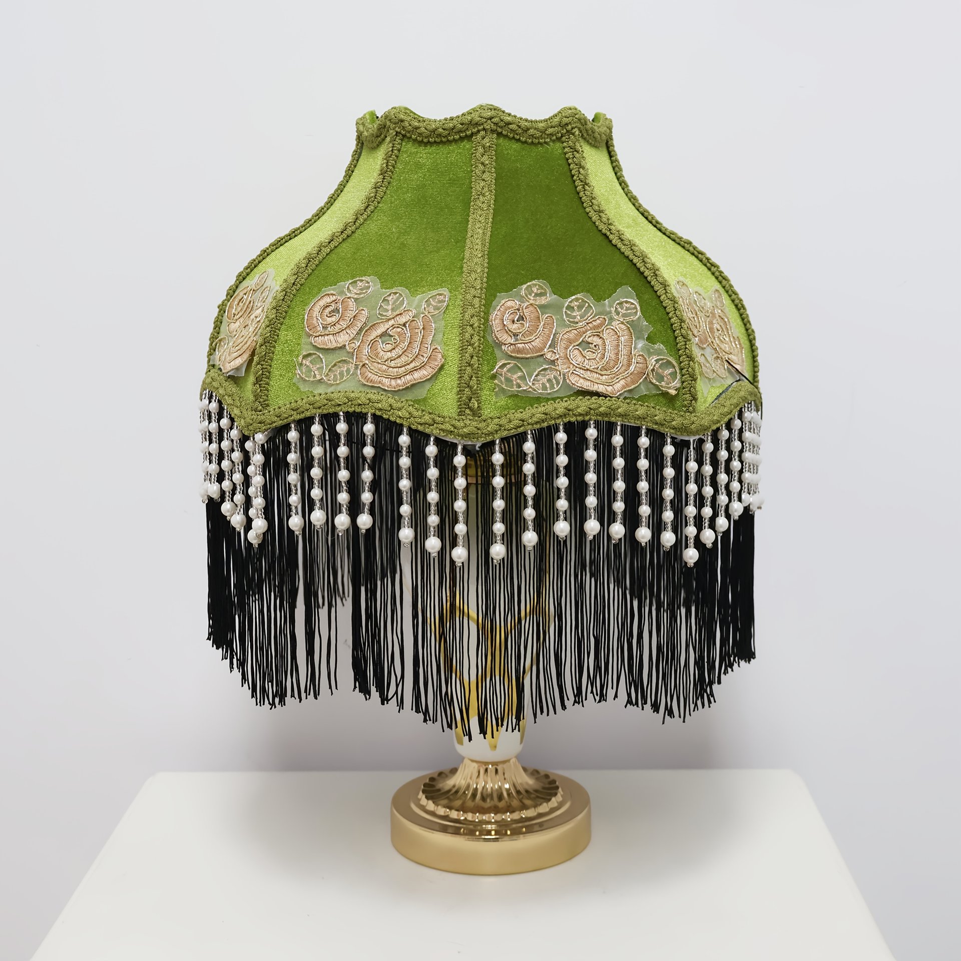 Vintage Green Velvet Lampshade With Rose Embroidery Pearl Beads and Black Tassels