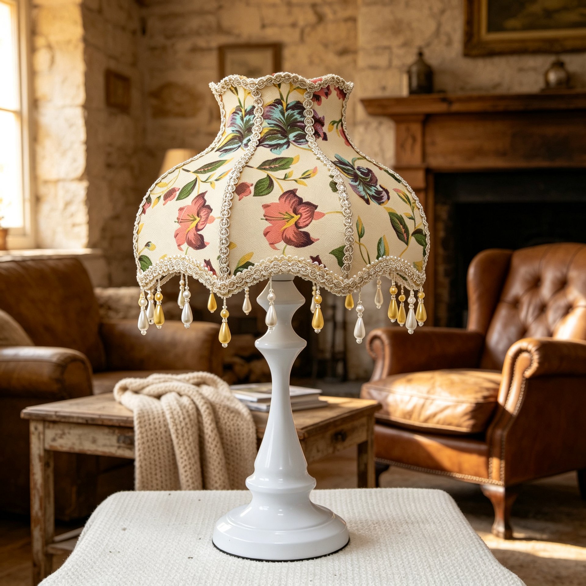 Vintage Floral Fabric Table Lamp with Bead Tassels, French Country Style Bedside Desk Lamp for Bedroom Living Room Home Decor