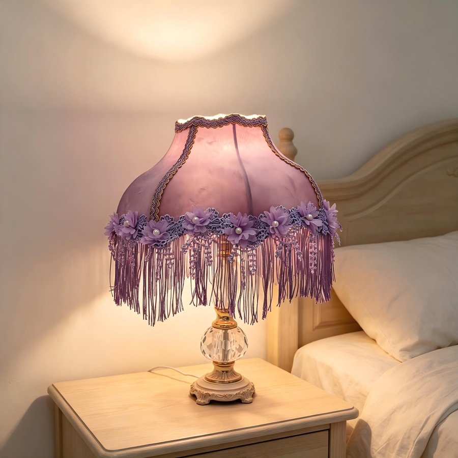 Purple Velvet Fabric Lampshade Flower Pearl Lace Purple Tassel Lamp Shade For Table Lamp Bedroom Vintage Home Decor
