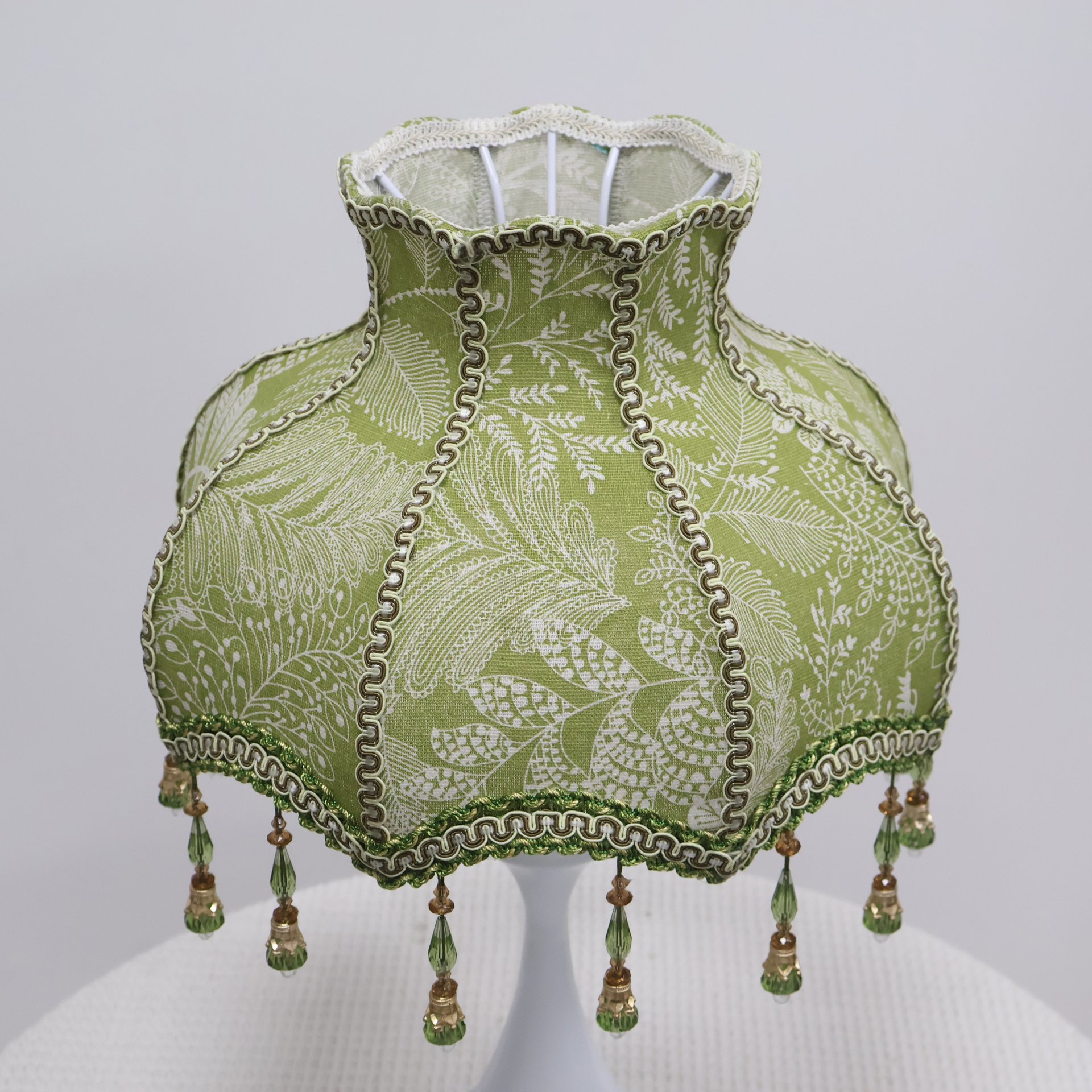 Vintage Green Botanical Embroidery Fabric Replacement Lamp Shade with Green Crystal Bead Tassels, French Country Decor Table Lamp Lampshade